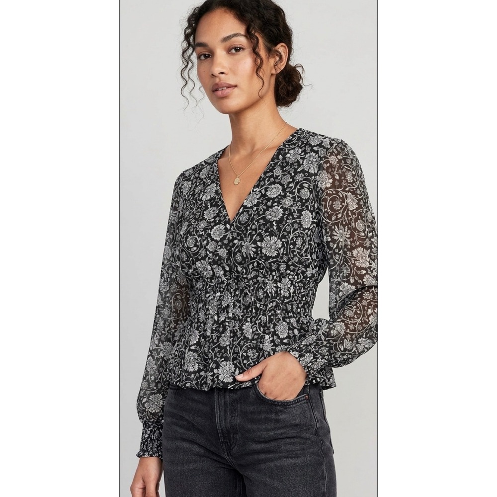 Old Navy Floral Smocked Peplum Top Black White V-Neck XL Tall Semi Sheer